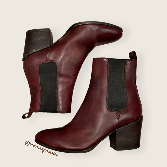 Frye Cherry Burgundy Red Genuine Leather Vintage-Retro Moto Gore Stretch Bootie - Picture 2 of 10